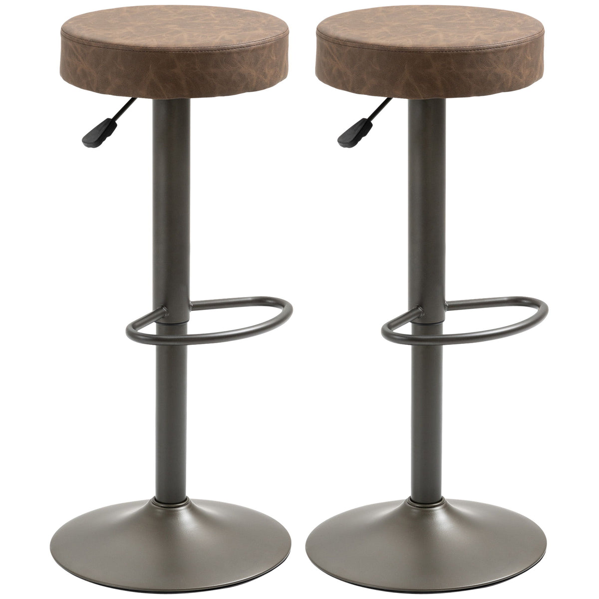Modern Adjustable Bar Stools Set of 2, Swivel Barstool with Footrest, PU Leather Round Top for Kitchen, Brown
