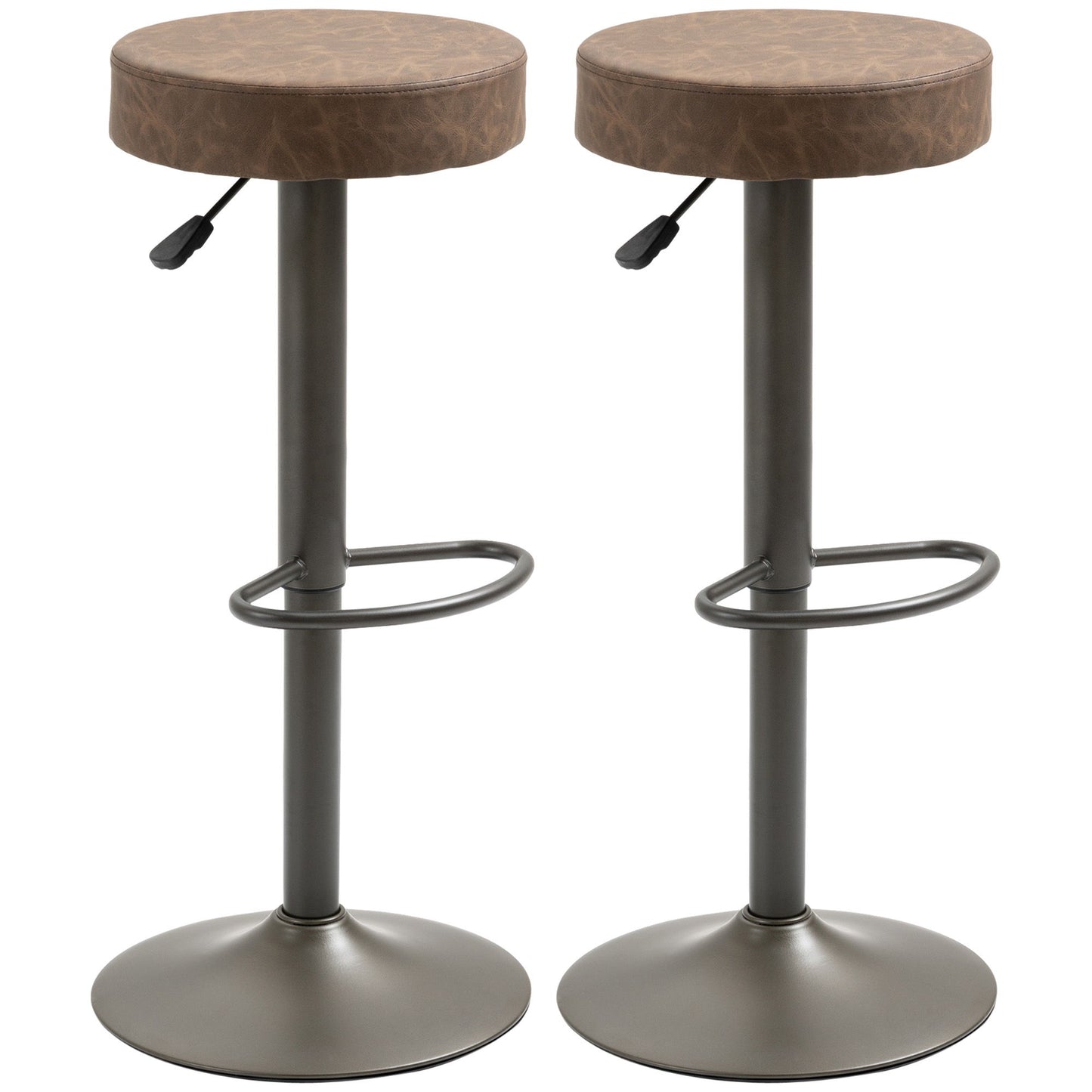 Modern Adjustable Bar Stools Set of 2, Swivel Barstool with Footrest, PU Leather Round Top for Kitchen, Brown