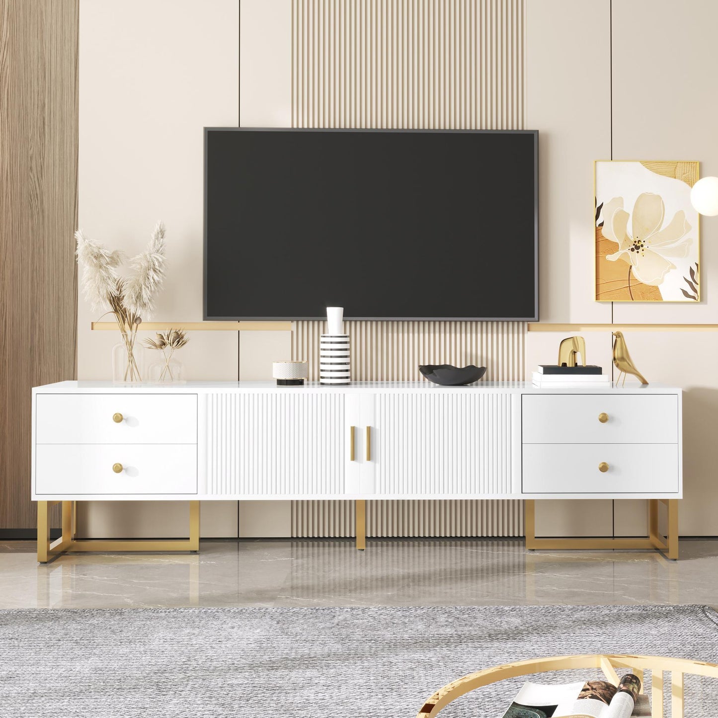Modern TV Cabinet with Textured Doors, 4 Drawers & 2 Cabinets, Solid TV Stand with Metal Handles and Legs, 69'' L x 12'' W x 17.5'' H, White