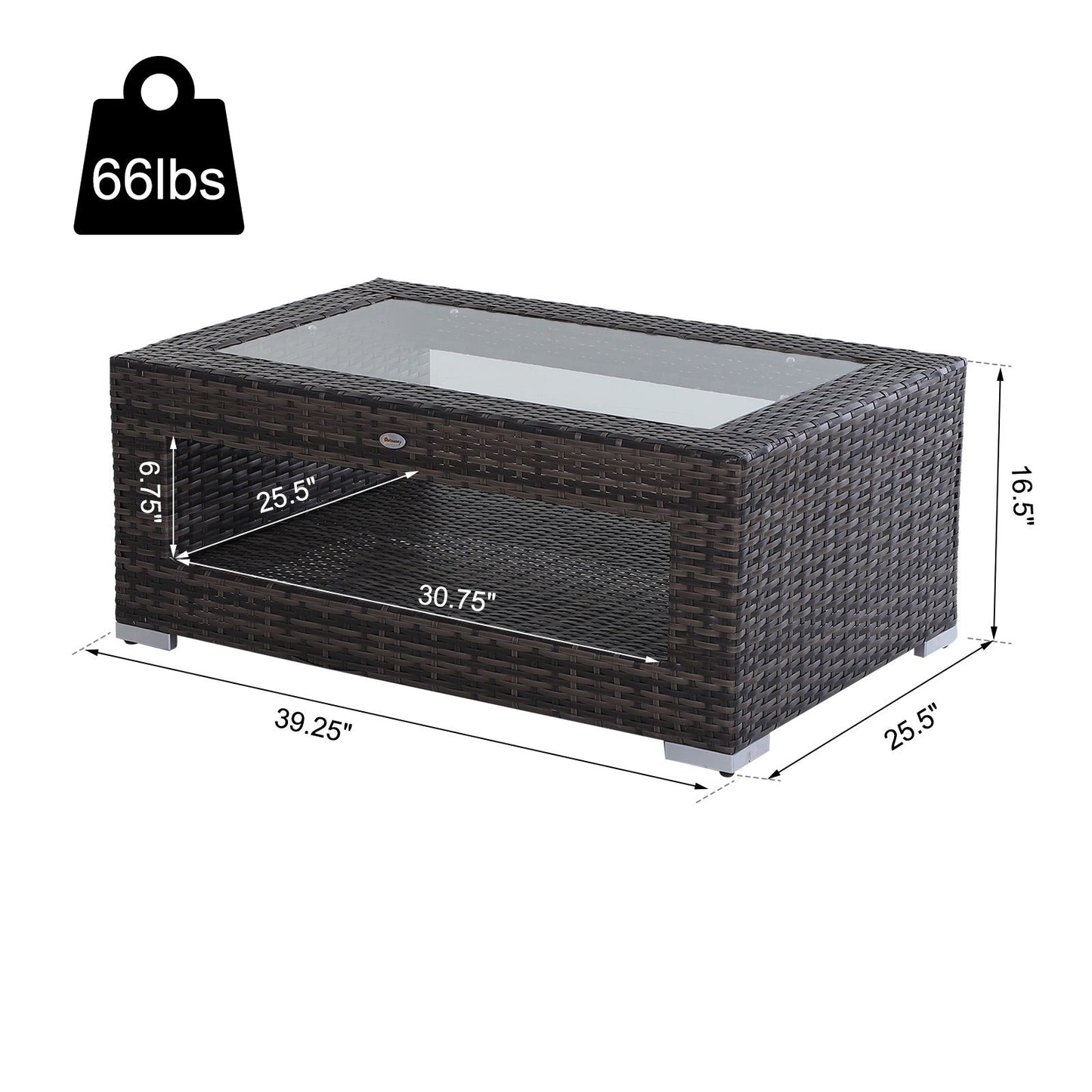 2-Tier Rattan Patio Coffee Table Outdoor Side Table PE Wicker Patio Garden Tea End Desk with Tempered Glass Top & Storage for Balcony, Backyard, Poolside