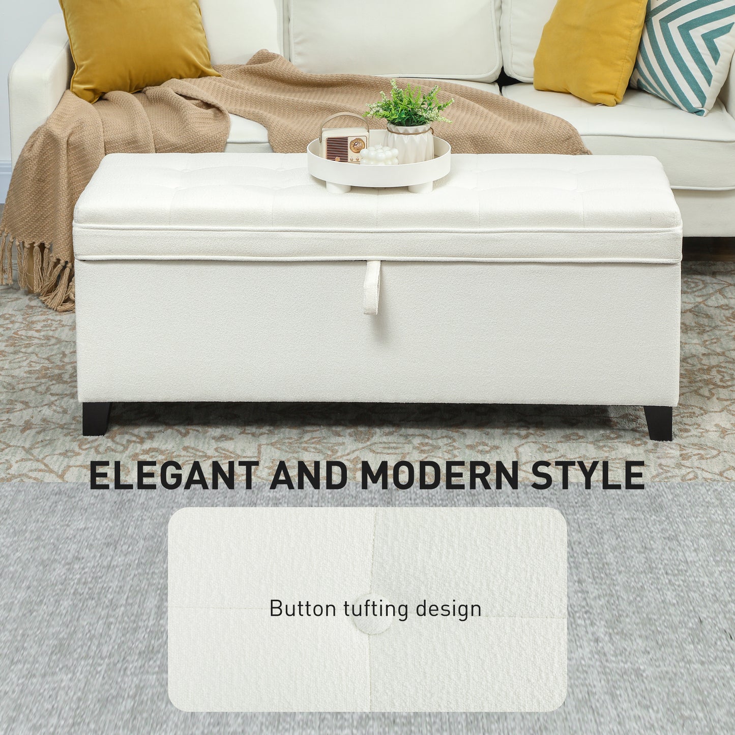 Storage Ottoman Bench, Foot Rest with Safety Hinges, 47 Inches Linen Storage Chest for Living Room, Cream White