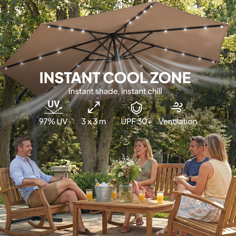 9.7' Khaki Cantilever Patio Umbrella with Solar Light