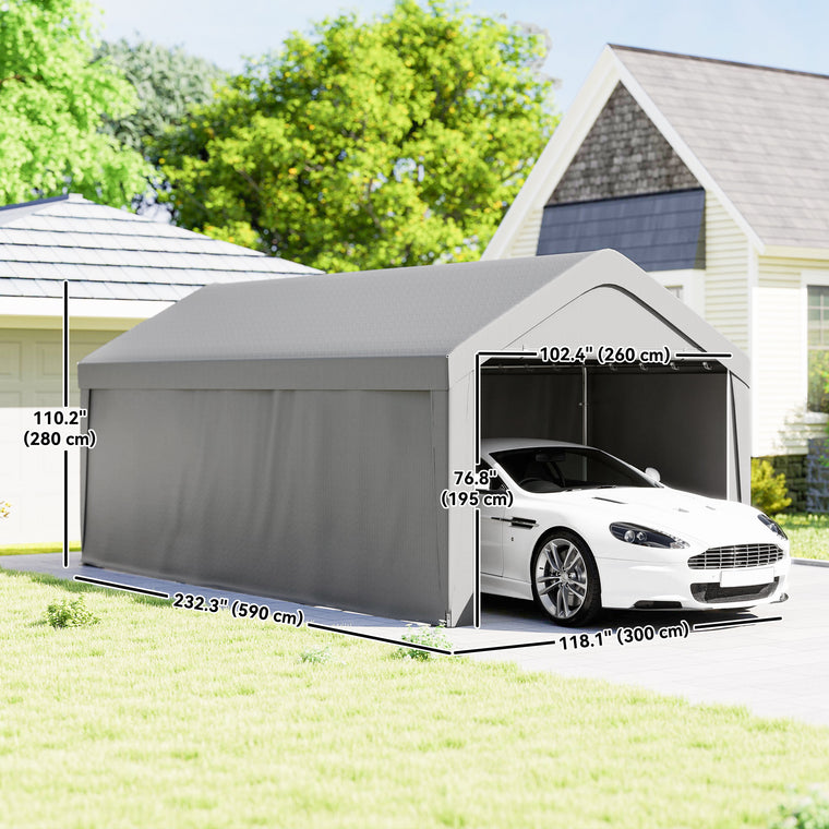 10' x 20' Light Grey Portable Garage Carport with Roll-Up Doors