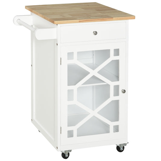 Rolling Kitchen Cart with Drawer and Glass Door - White