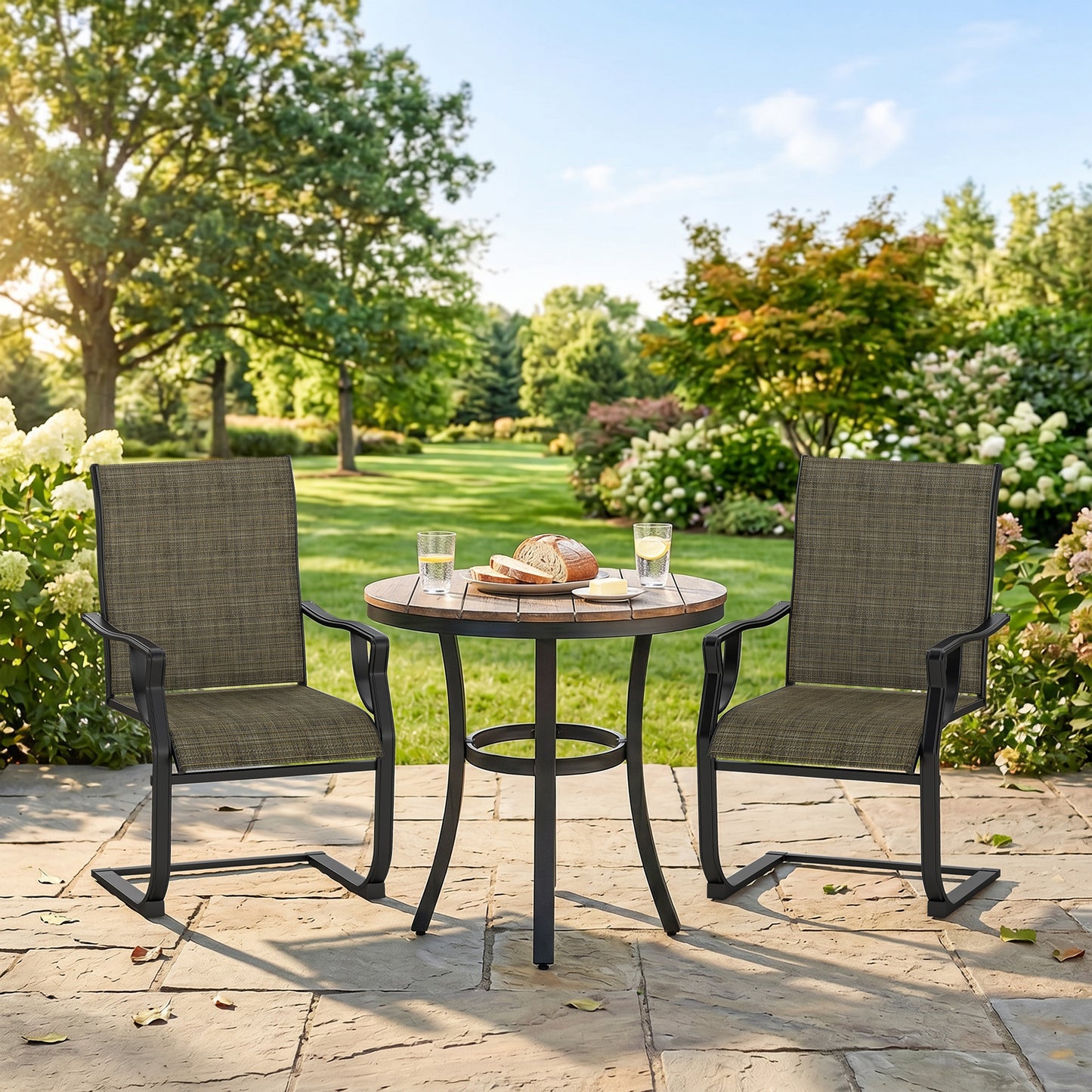 C Spring Motion Patio Chairs Set of 2 with Curved High Backrest, Armrest, All Weather Breathable Fabric, Metal Frame