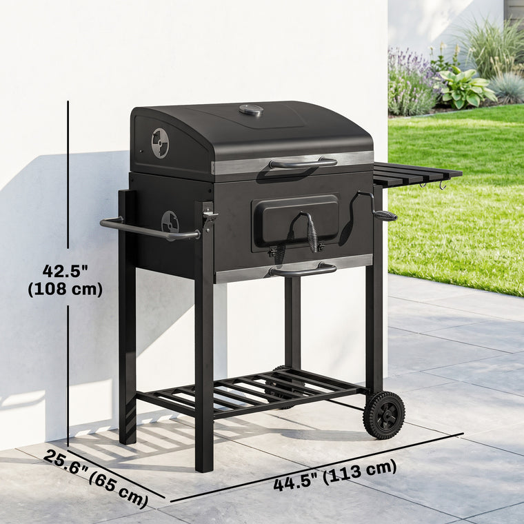 Stainless Steel Charcoal BBQ Trolley with Side Shelf & Wheels