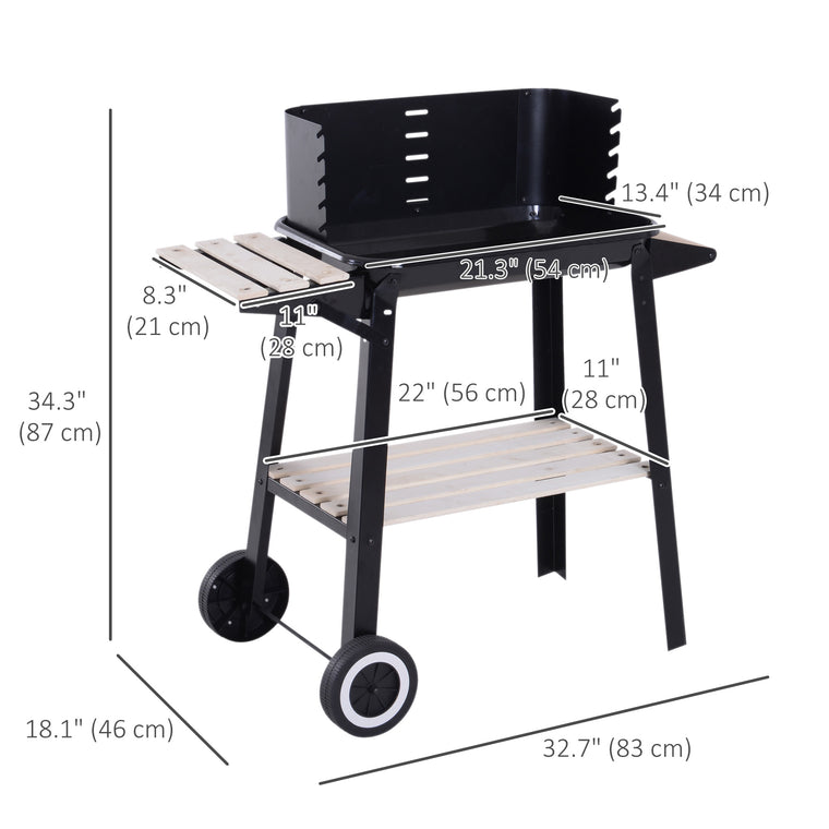 Charcoal BBQ Smoker Trolley with Side Trays & Storage Shelf