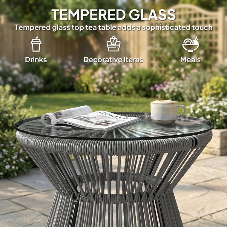 Round Rattan Drum End Table with Glass Top