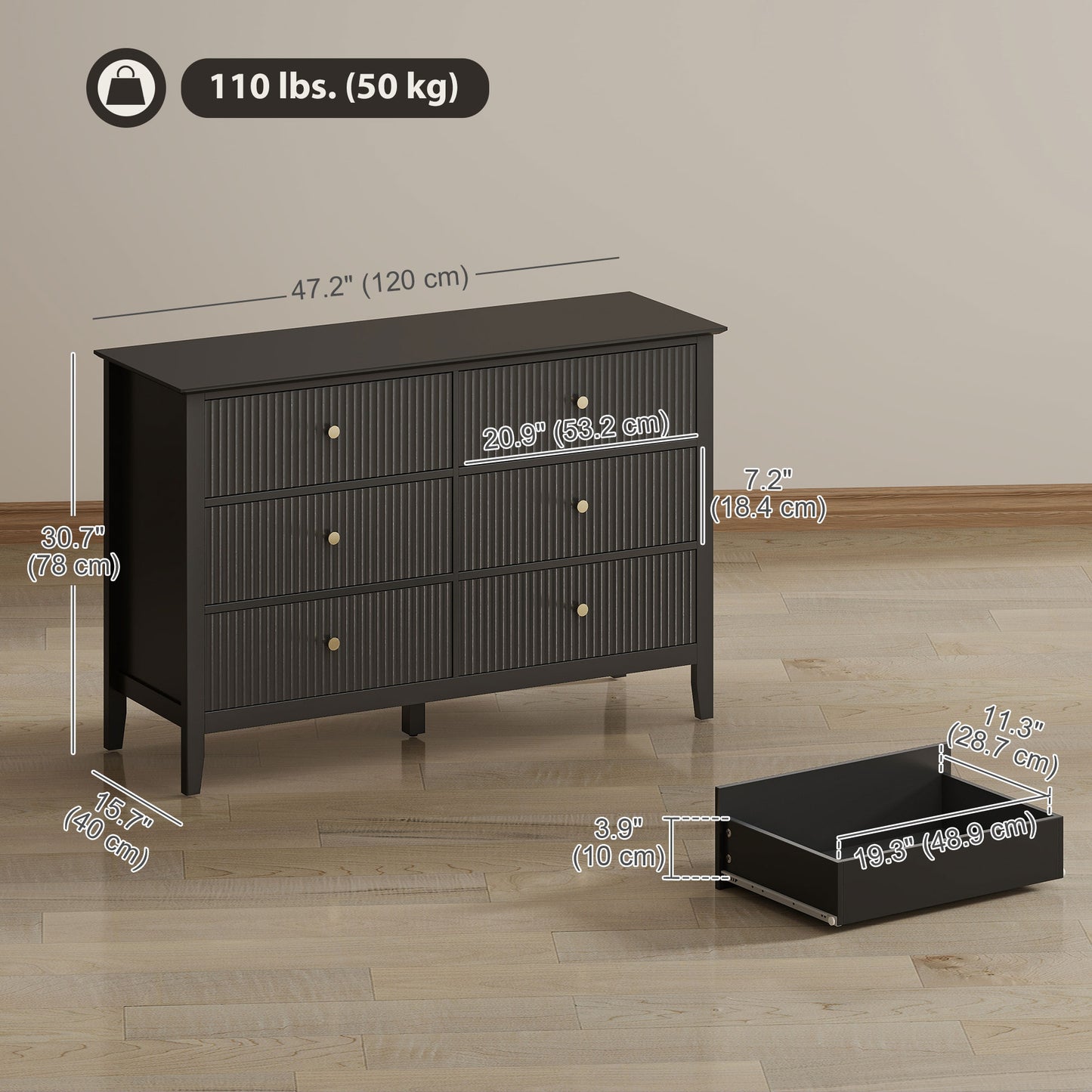 Double Chest of Drawers, Modern 6 Drawer Dresser for Bedroom, Living Room, Hallway, Closet, Black