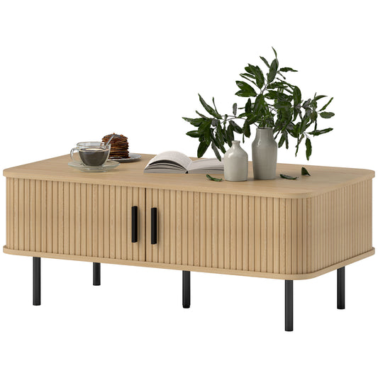 Coffee Table with Fluted Sliding Doors & Storage - Oak