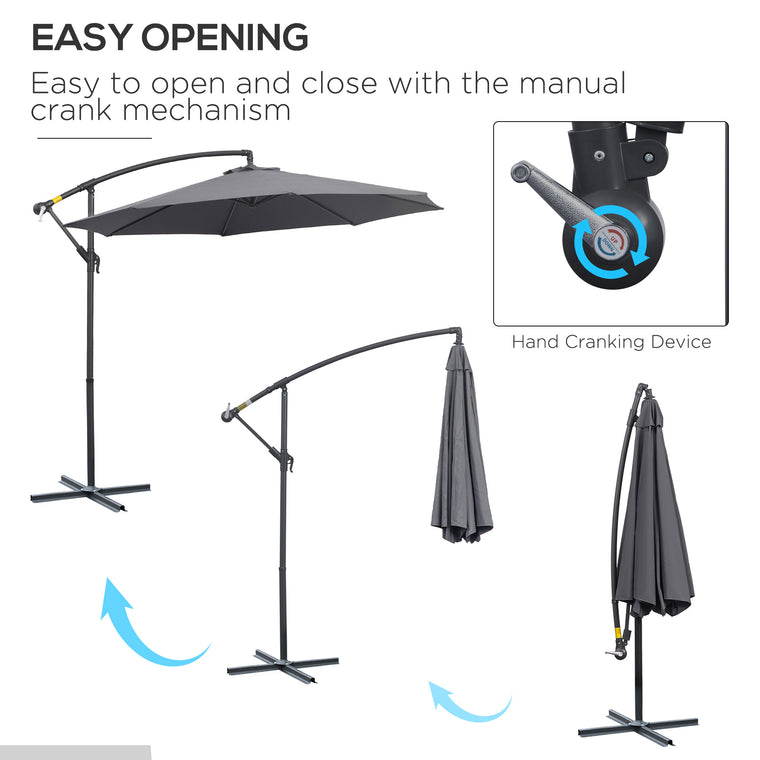 10' Grey Banana Offset Umbrella with Crank & Cross Base
