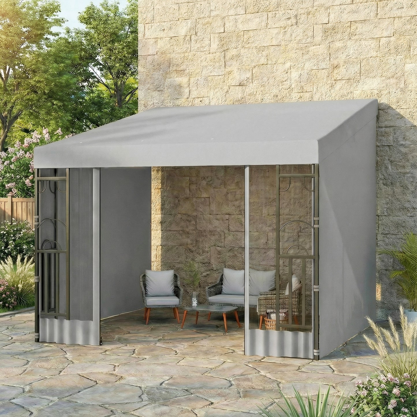 10' x 10' Wall Pergola, Outdoor Gazebo with 2 Curtains and 2 Nettings, UV Resistant, for Patio, Deck, Light Grey