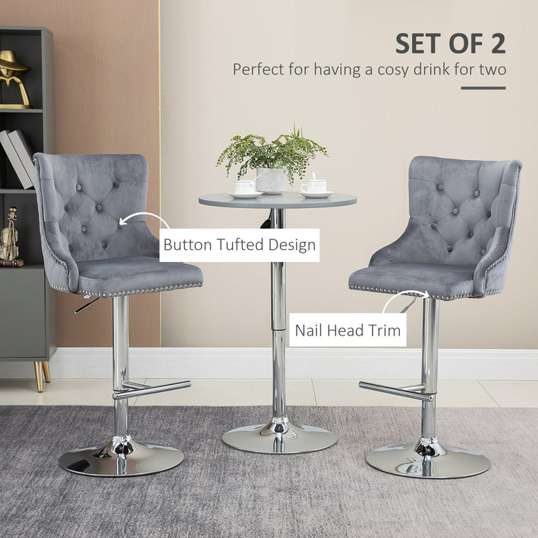 Swivel Velvet Bar Stools Set of 2 with Nailhead Trim - Grey