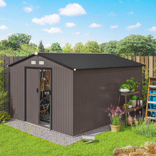 9' x 10.6' Garden Storage Shed w/ Foundation Kit Metal Tool Storage House w/ Double Doors Brown