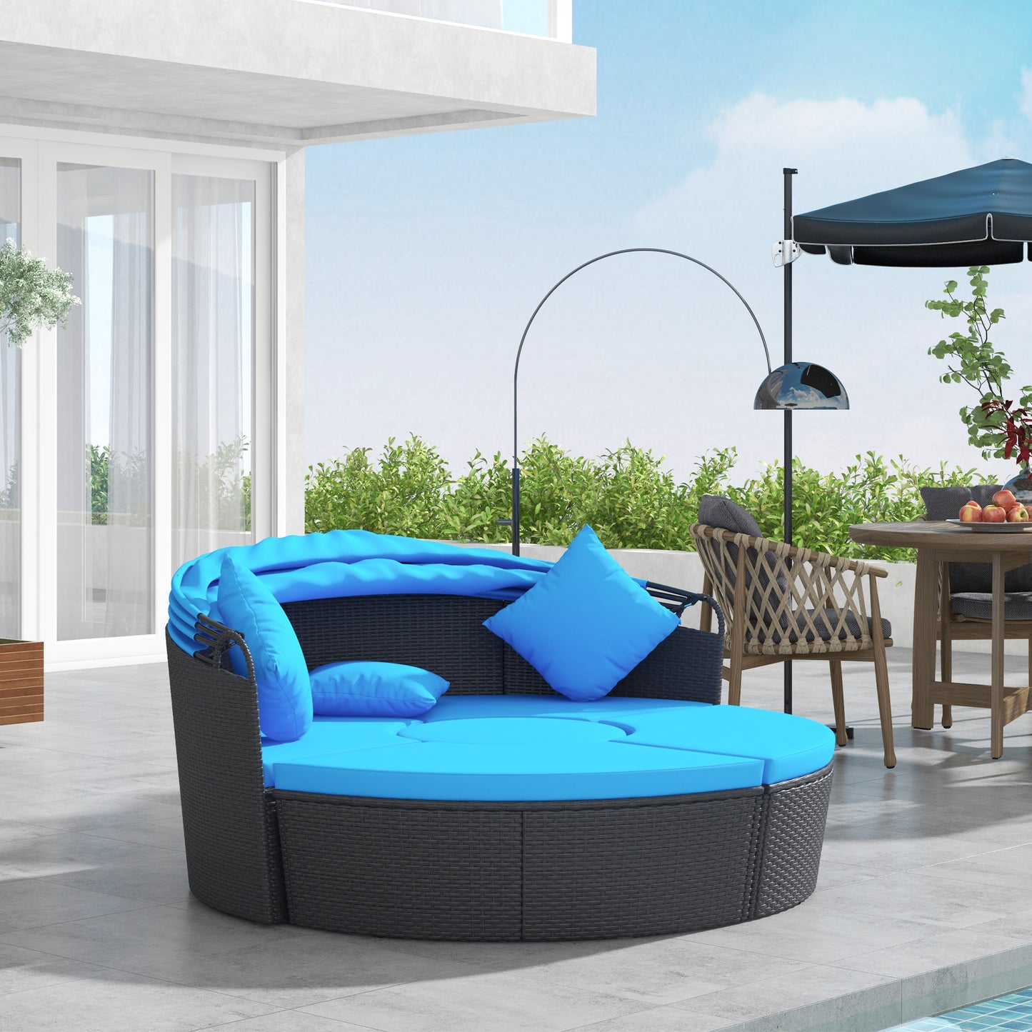 4 Pieces Outdoor Daybed with Retractable Canopy, Wicker Lounger Bed, Conversation Furniture Set, Dark Blue