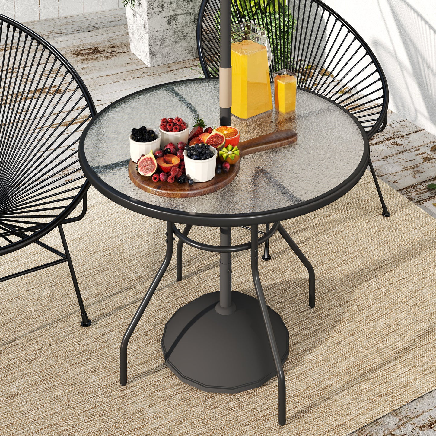 39.4" Round Outdoor Dining Table Coffee Side Bistro Table with Umbrella Hole, Glass Top, Steel Frame for Garden, Patio
