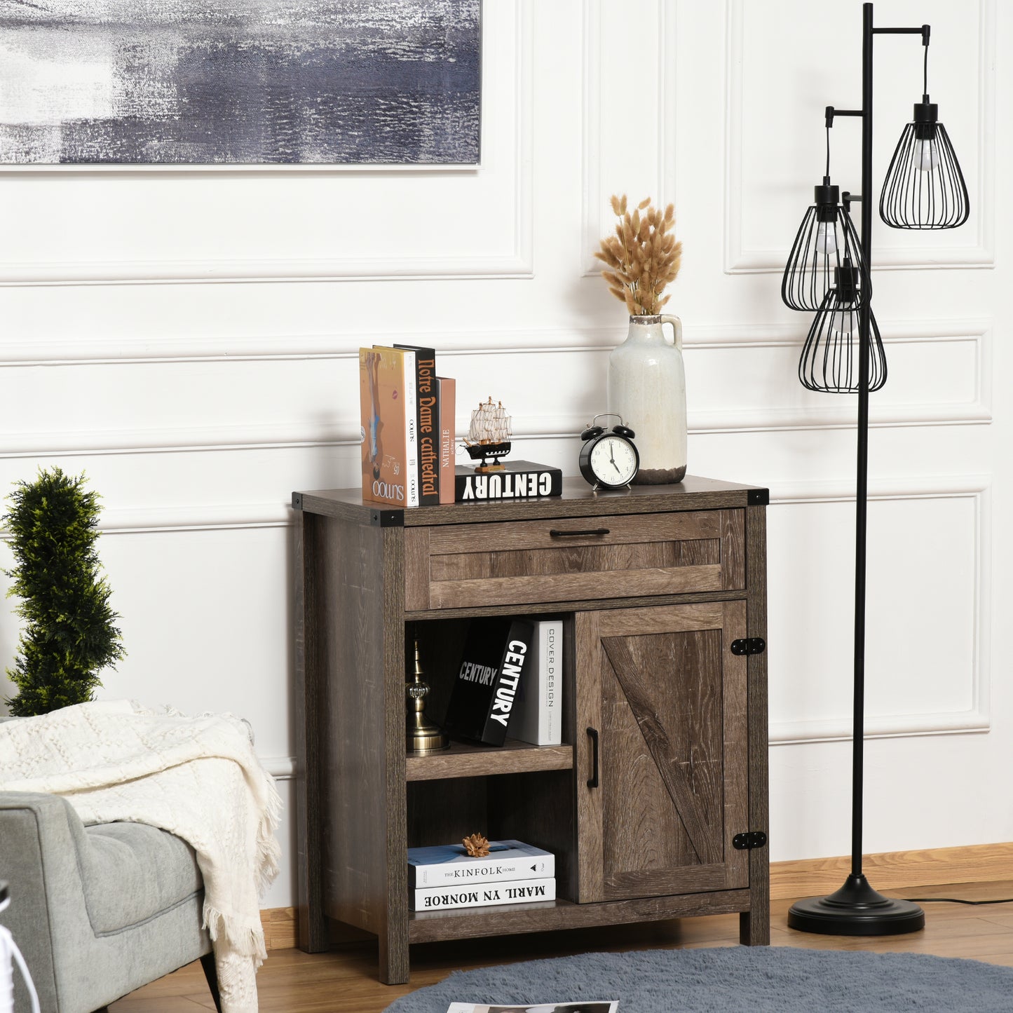 Rustic Barn Door Storage Cabinet Modern Farmhouse Buffet Sideboard for Kitchen & Dining Room Dark Oak
