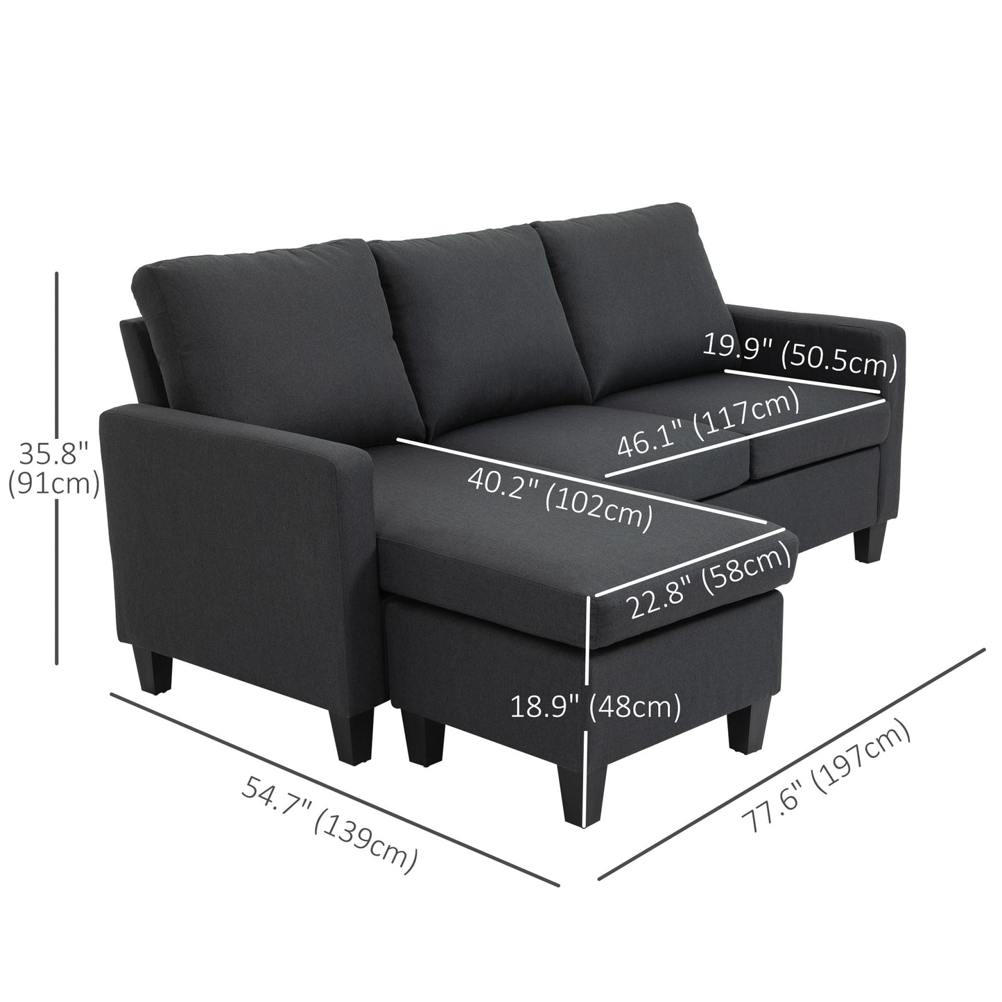 L-Shape Sofa, Modern Sectional Couch with Ottoman, Corner Sofa for Living Room, Dark Grey