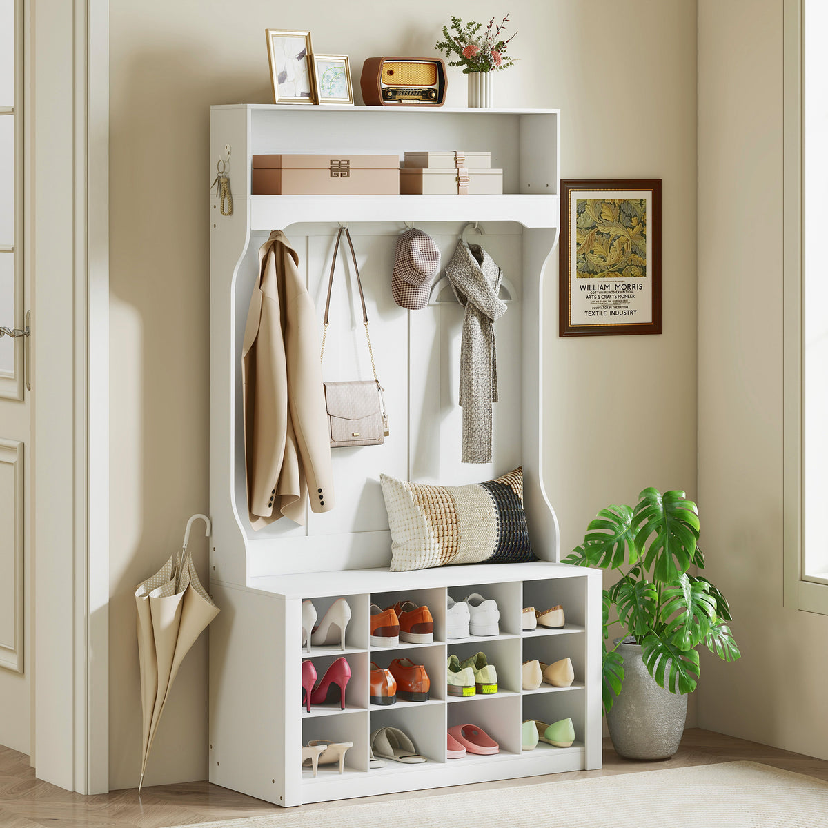 4-In-1 Hall Tree with Bench and Shoe Storage, Farmhouse Coat Rack Shoe Bench with 12 Shoe Cubbies, 6 Hooks, White