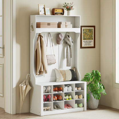 4-in-1 Hall Tree Bench with 12 Shoe Cubbies