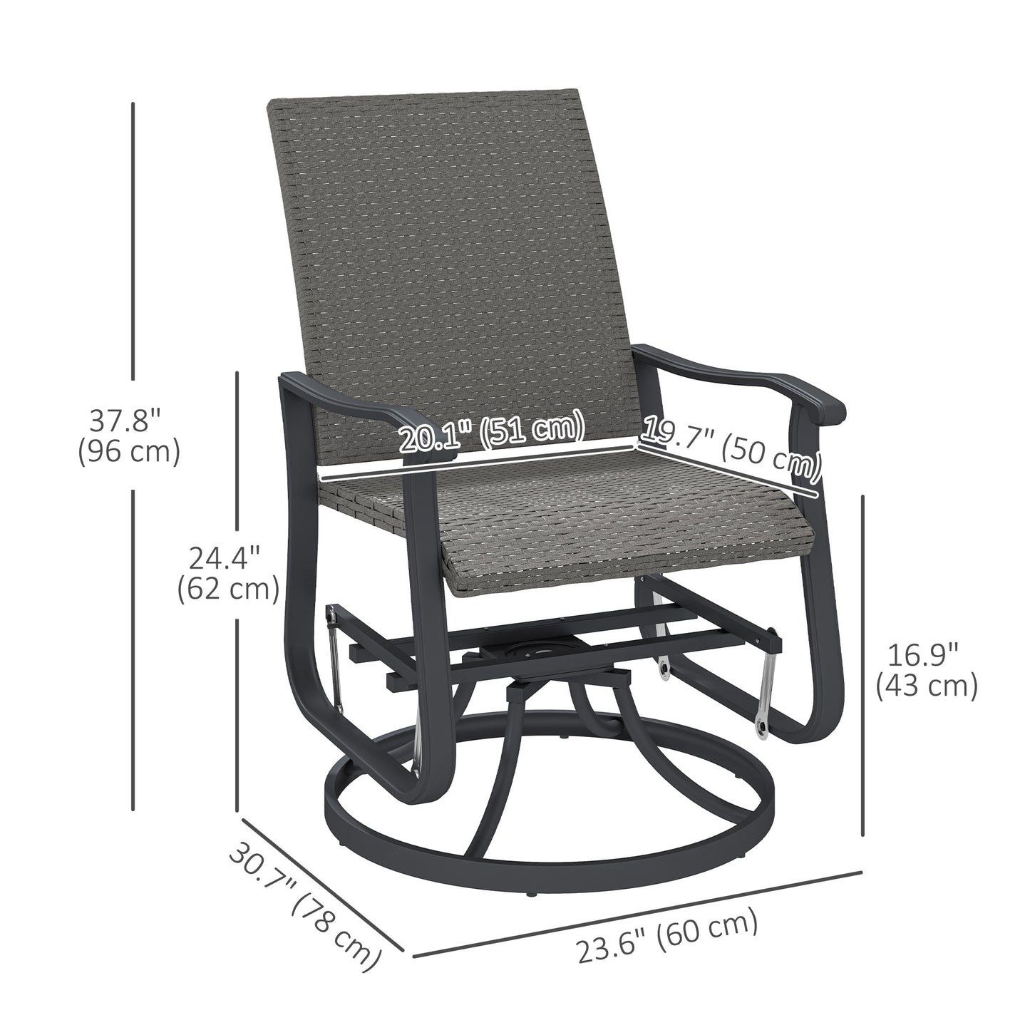 Set of 2 Rattan Patio Glider, Wicker Outdoor Glider Swivel Chair with Steel Frame, High Back for Backyard Porch, Grey