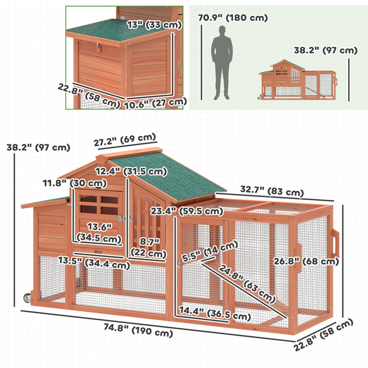 Orange Mobile Wooden Chicken Coop with Run & Nesting Box