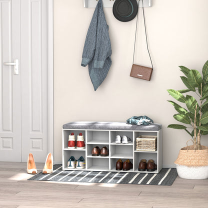 Upholstered Shoe Storage Bench with Adjustable Shelves - White