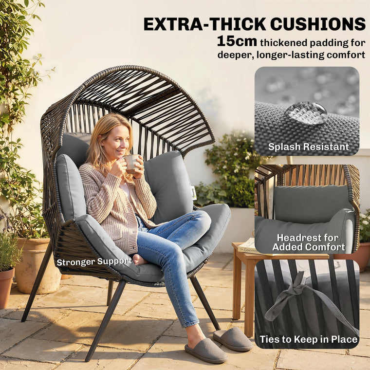 Wicker Rattan Egg Chair with Headrest and Adjustable Pads