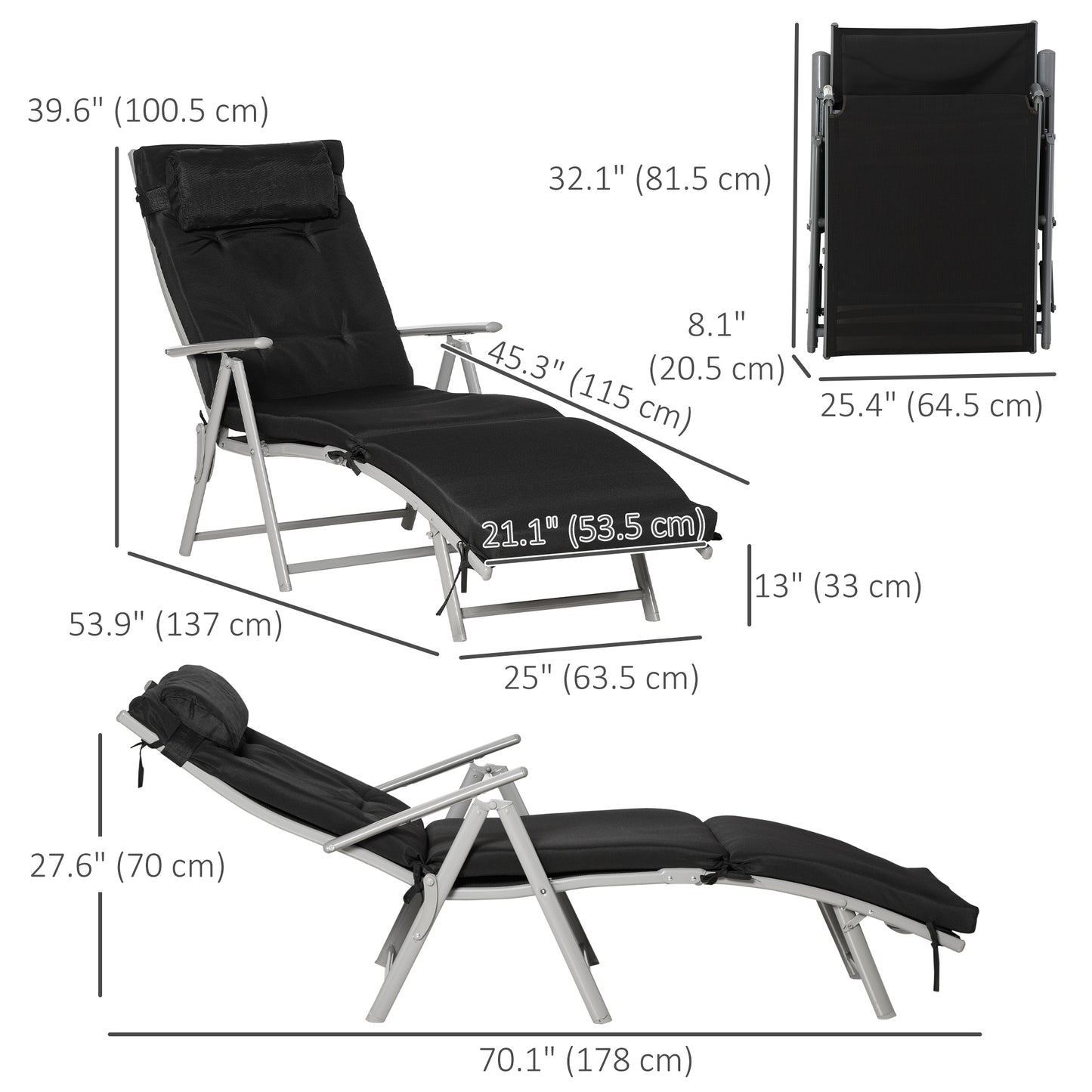 Outdoor Folding Chaise Lounge Chair Recliner with Portable Design, Adjustable Backrest, Cushion and Headrest, Black