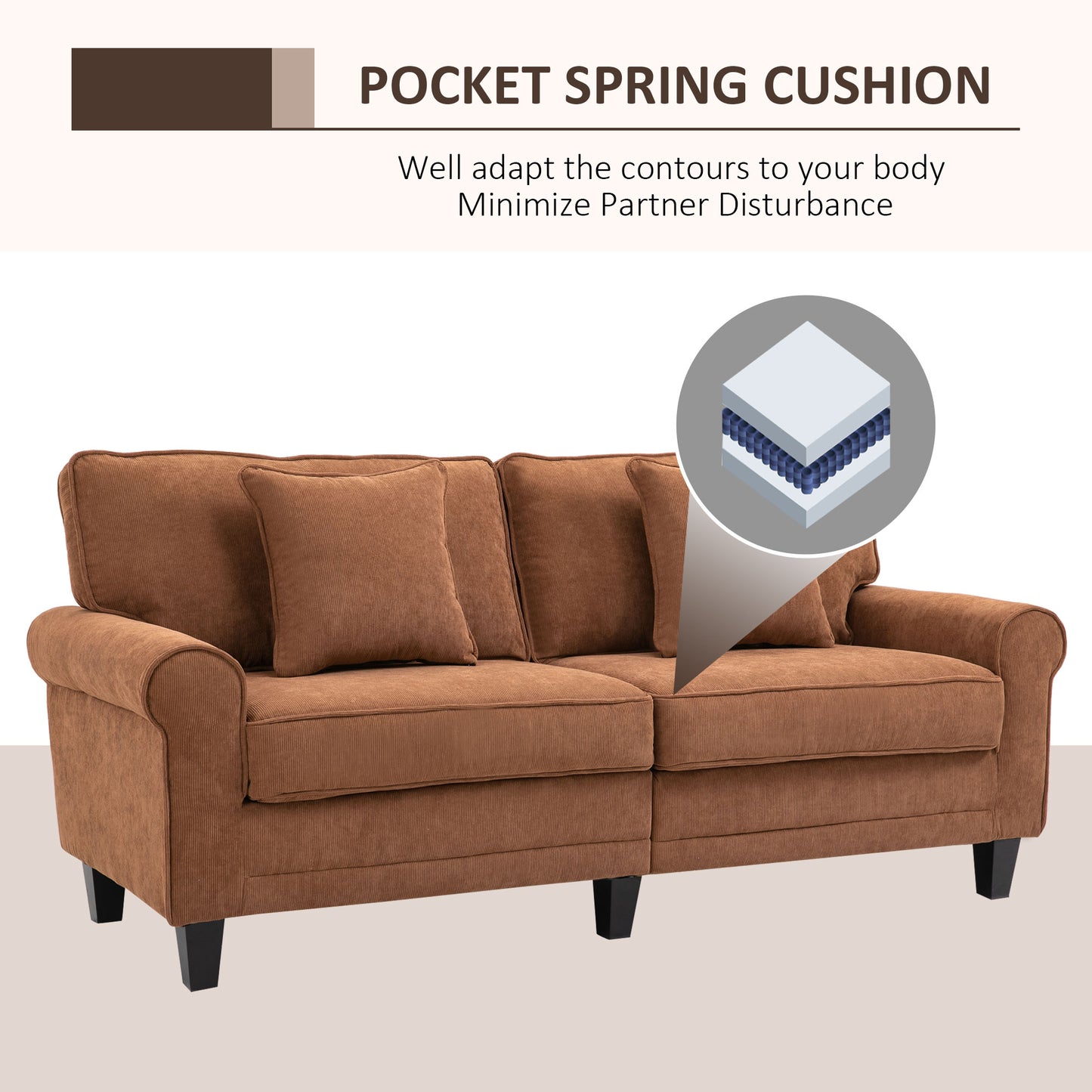 Modern 3 Seater Sofa, Corduroy Fabric 3 Seater Couch with Pine Wood Legs and Rolled Armrests for Living Room, Brown