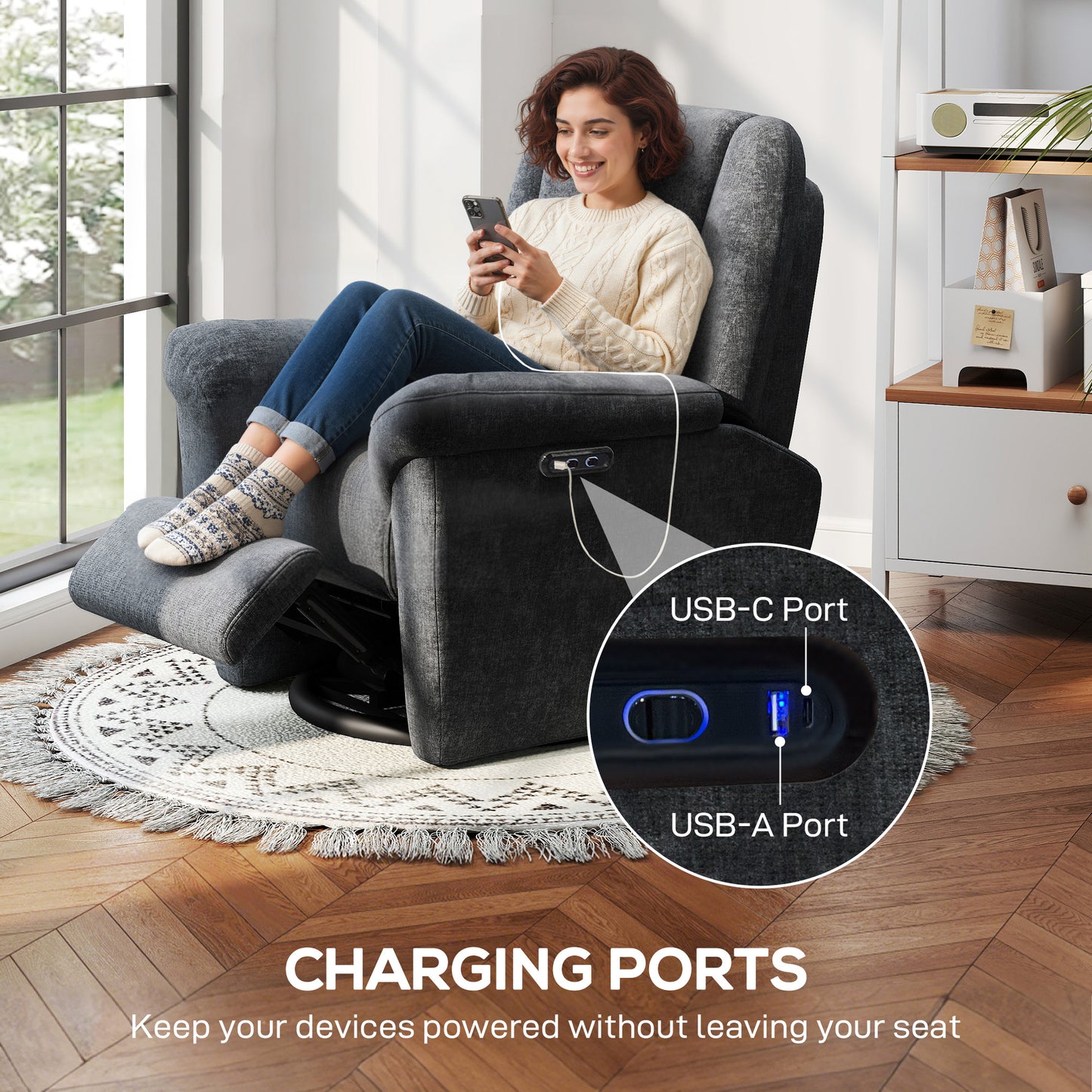 Power Recliner Chair, Fabric Upholstered Recliner Chair with USB Ports, Swivel and Rocking Function, Footrest, Dark Grey