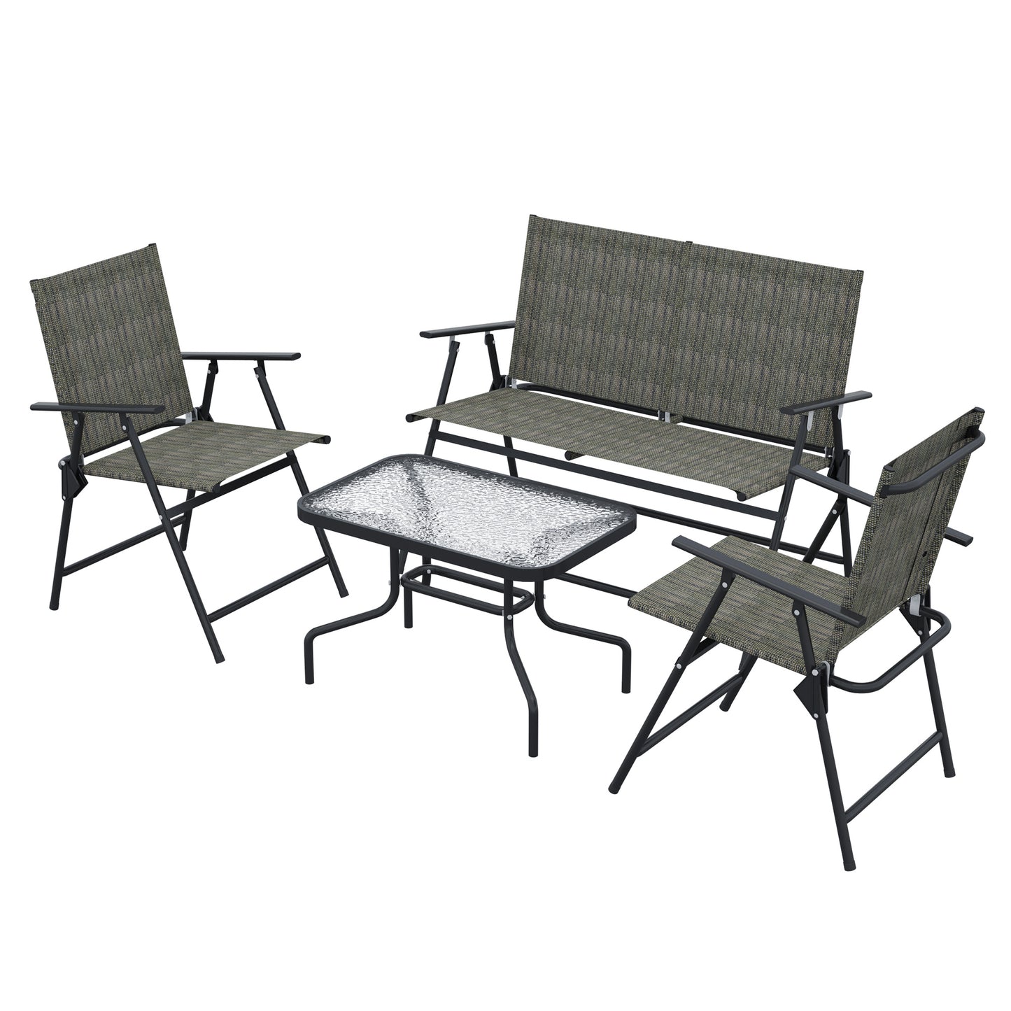 Outdoor 4 Pieces Patio Furniture Set, Garden Set with Two Foldable Armchairs, a Loveseat & Glass Top Table, Mixed Grey