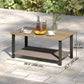 2-Tier Rectangle Outdoor Coffee Table, Patio Table with Wood-Effect Metal Top, Wicker Shelf for Garden, Backyard, Brown