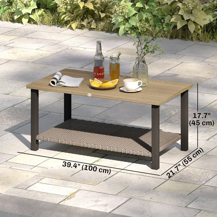2-Tier Rectangle Coffee Table with Wicker Shelf