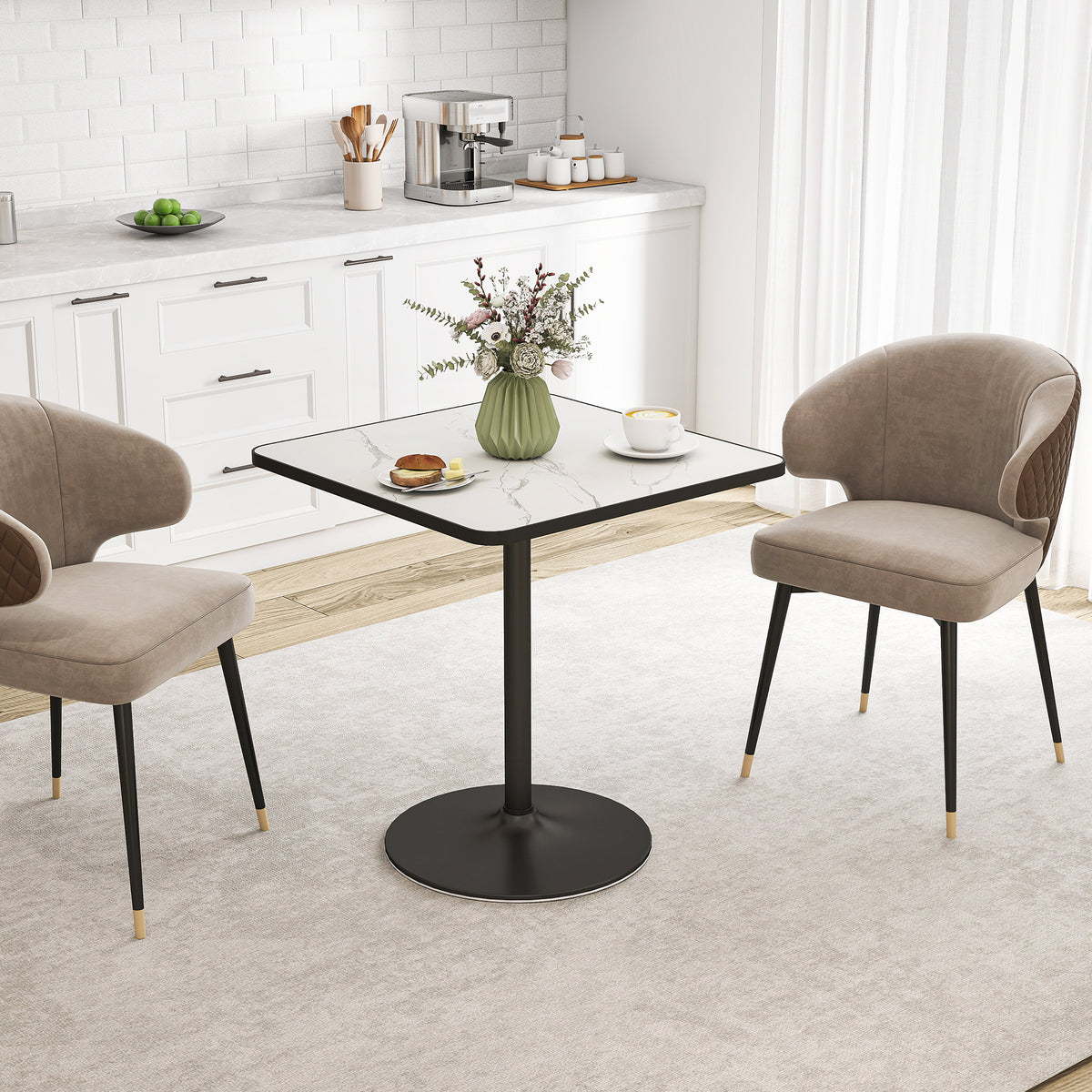 Dining Table for 4, Modern Kitchen Table with Marble Effect Tabletop and Round Base, White
