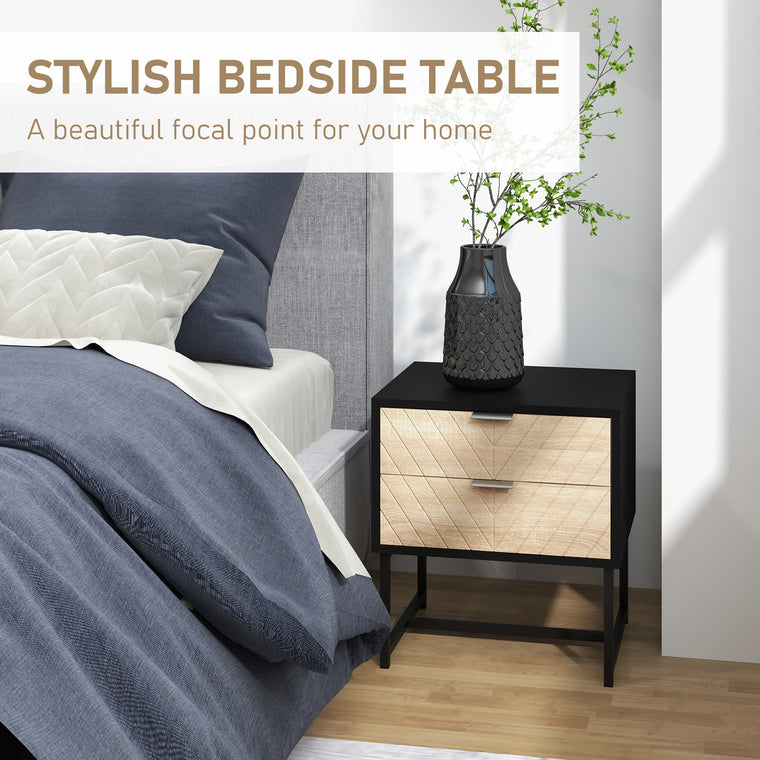 Bedside Table with 2 Drawers and Steel Frame - Black and Oak