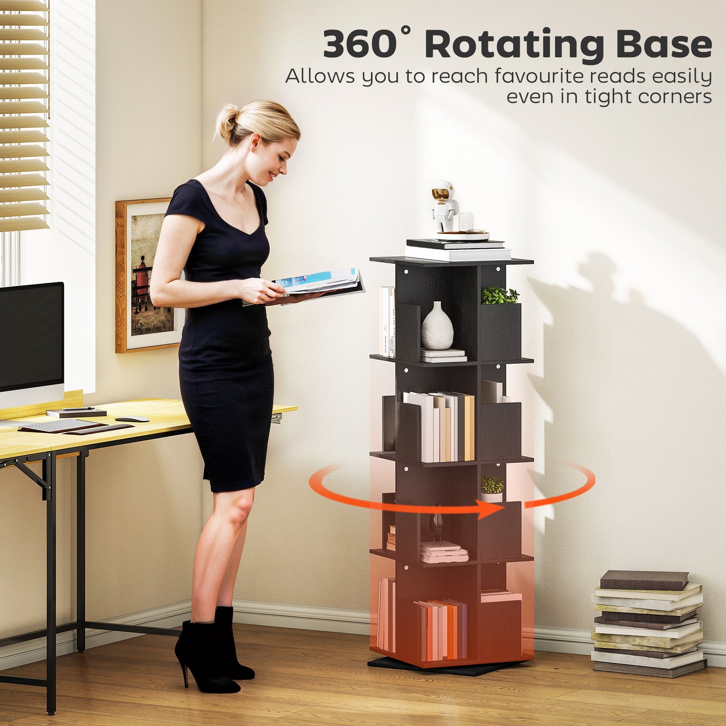 360° Rotating Bookcase with Anti-Tipping Straps and Anti-Slip Foot Pads, 4-Tier Bookshelf with 16 Cubbies, Black