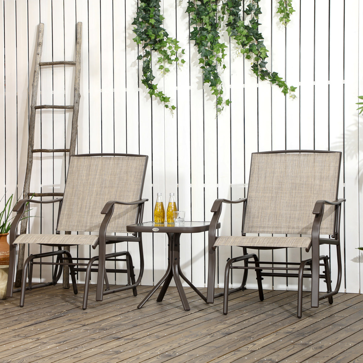3 Piece Patio Glider Set Outdoor Gliders with Breathable Mesh Seat, Glass Top Table for Garden, Yard, Blue - Linen