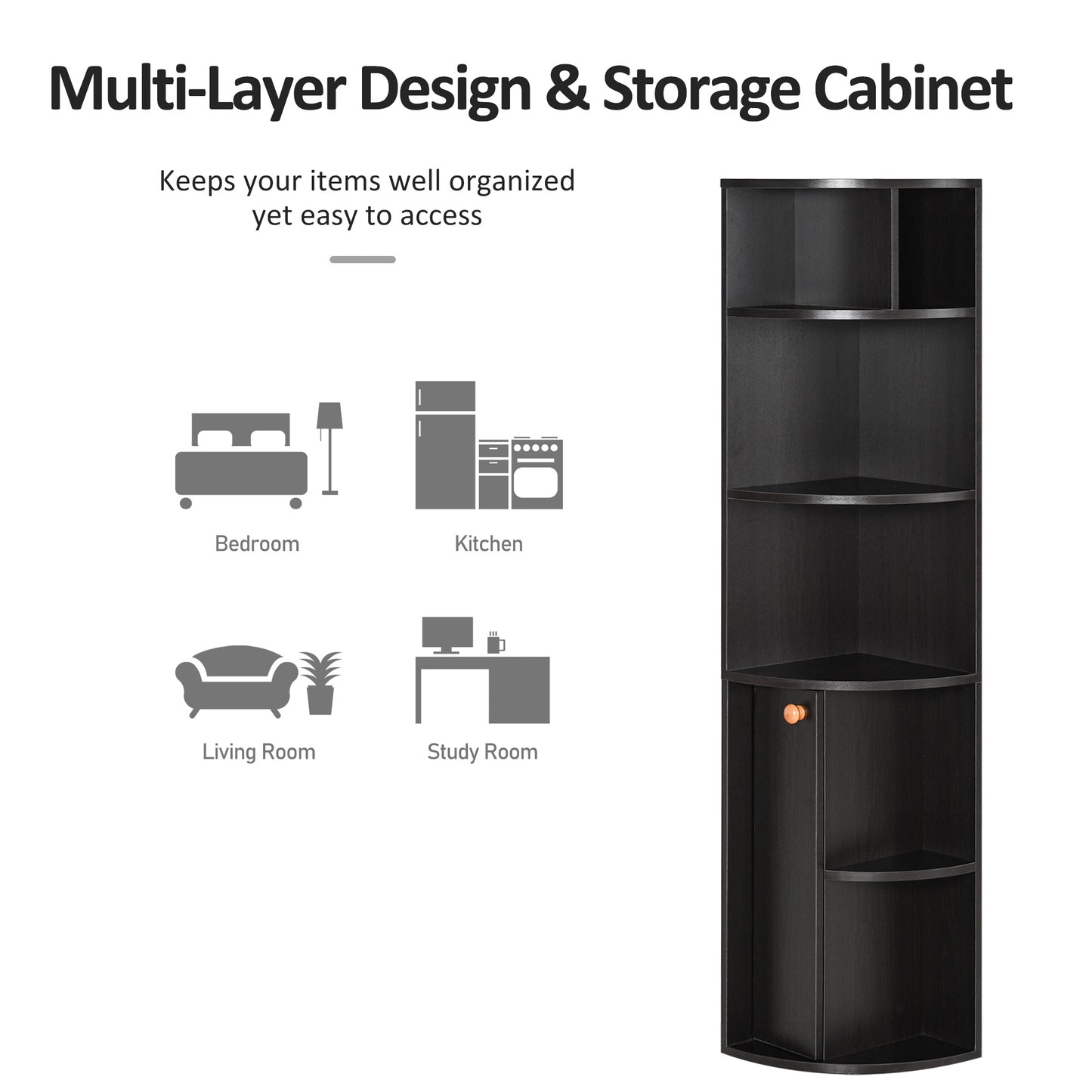 5-Tier Corner Bookcase, Storage Bookshelf, Freestanding Display Shelves with Open Compartments and Cabinet for Home Office, Living Room, Study, Black