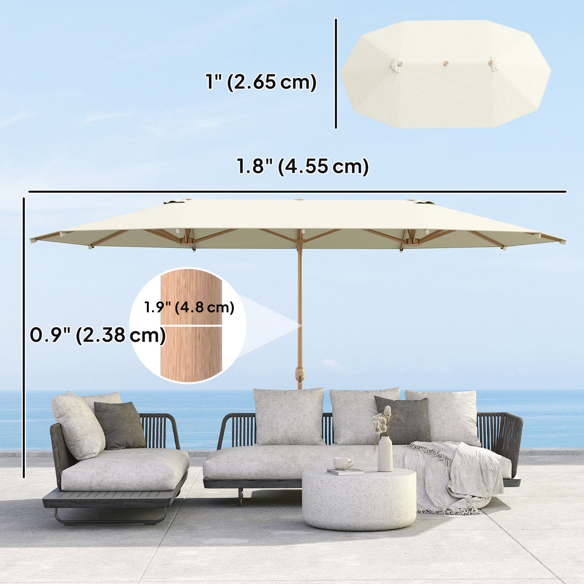 179.1" x 104.3" Beige Double Garden Parasol with 12 Steel Ribs