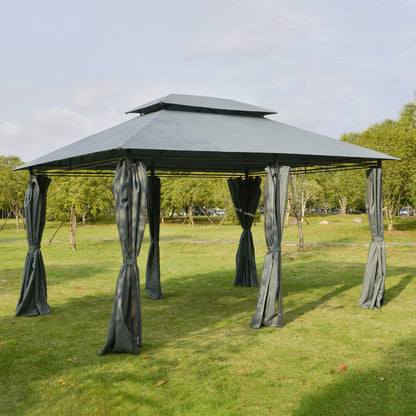 13' x 10' x 8.7' Grey Gazebo with 2-Tier Roof & Curtains