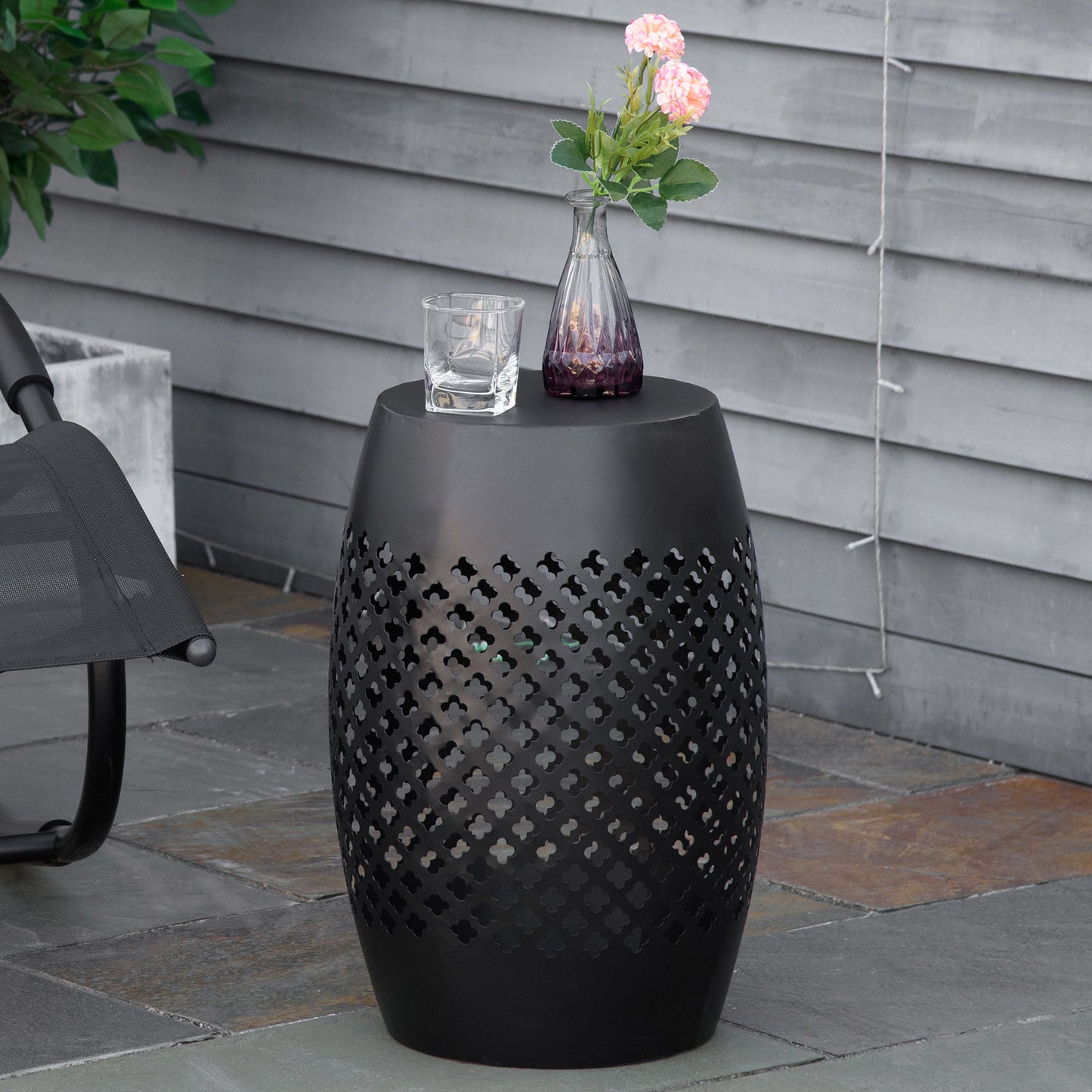 12" Steel Patio End Table, Round Hollow Drum Side Table, Accent Table for Indoor and Outdoor, Black