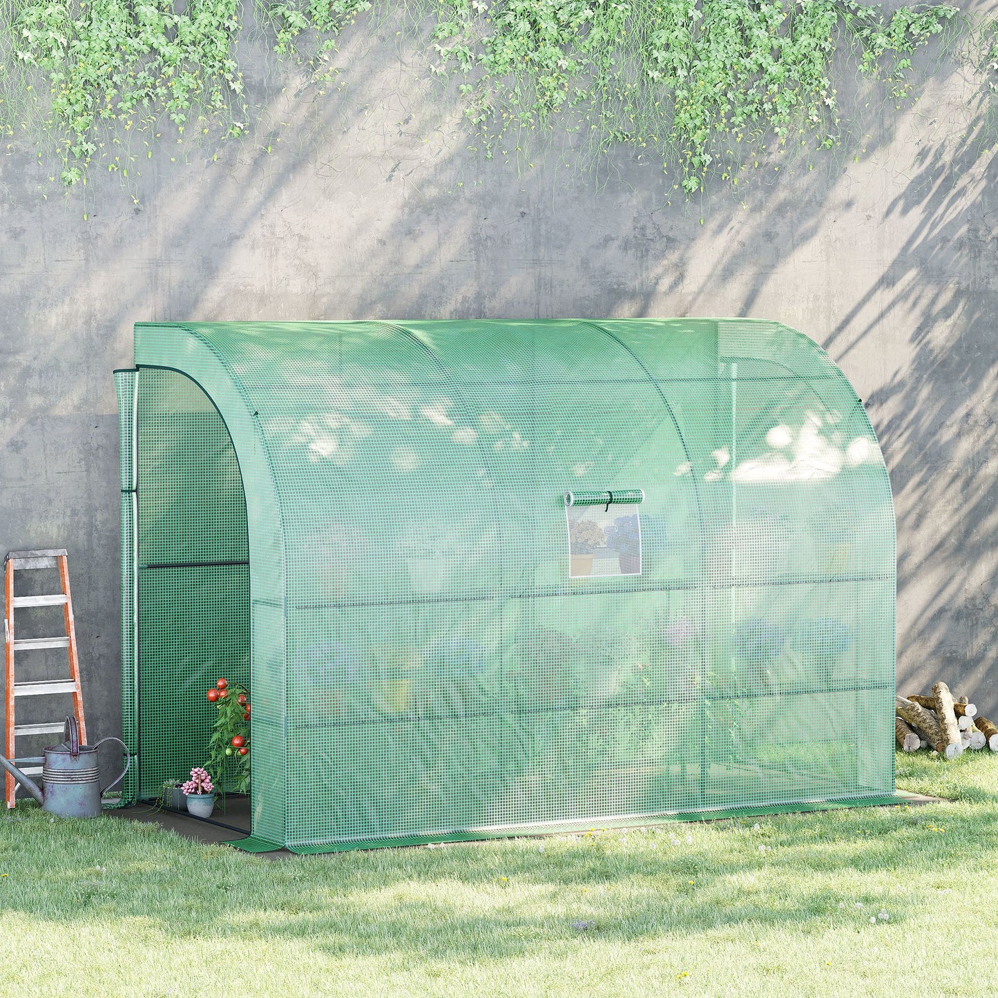Walk-in Wall Lean-to Greenhouse, 10' x 5' x 7' Outdoor Gardening Green House with PE Cover, Windows, Shelves and 2 Zipper Doors, Green