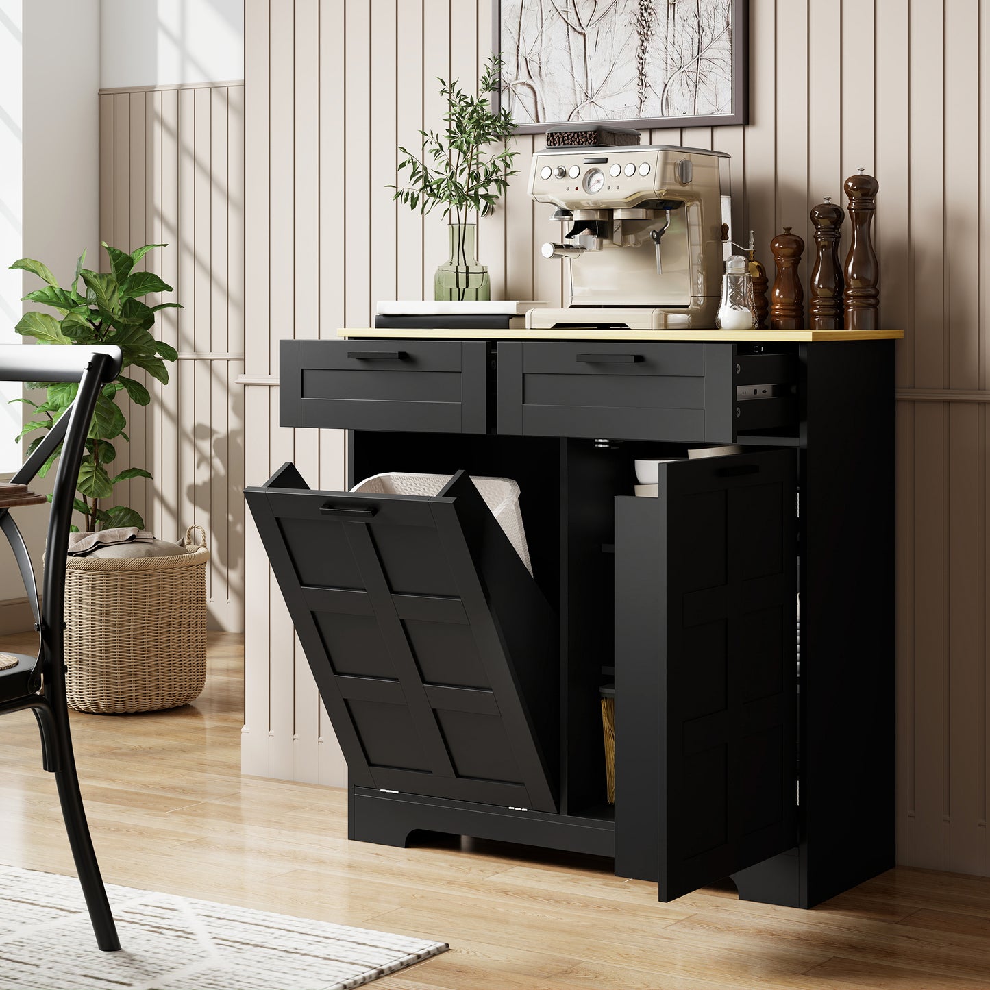 13 Gallon Tilt Out Garbage Cabinet, Kitchen Island with Trash Cabinet, 2 Drawers, Door Racks, Adjustable Shelves, Black