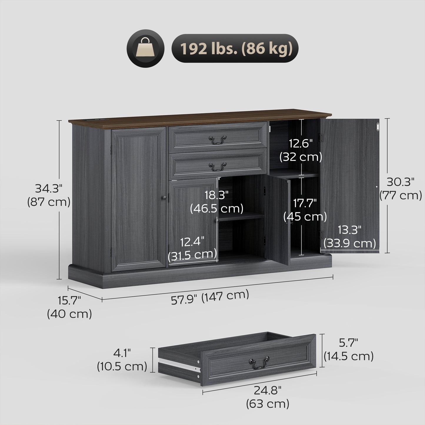Farmhouse Sideboard with Charging Station and Thickened Top, 58" Buffet Cabinet with 2 Soft-Close Drawers, Black