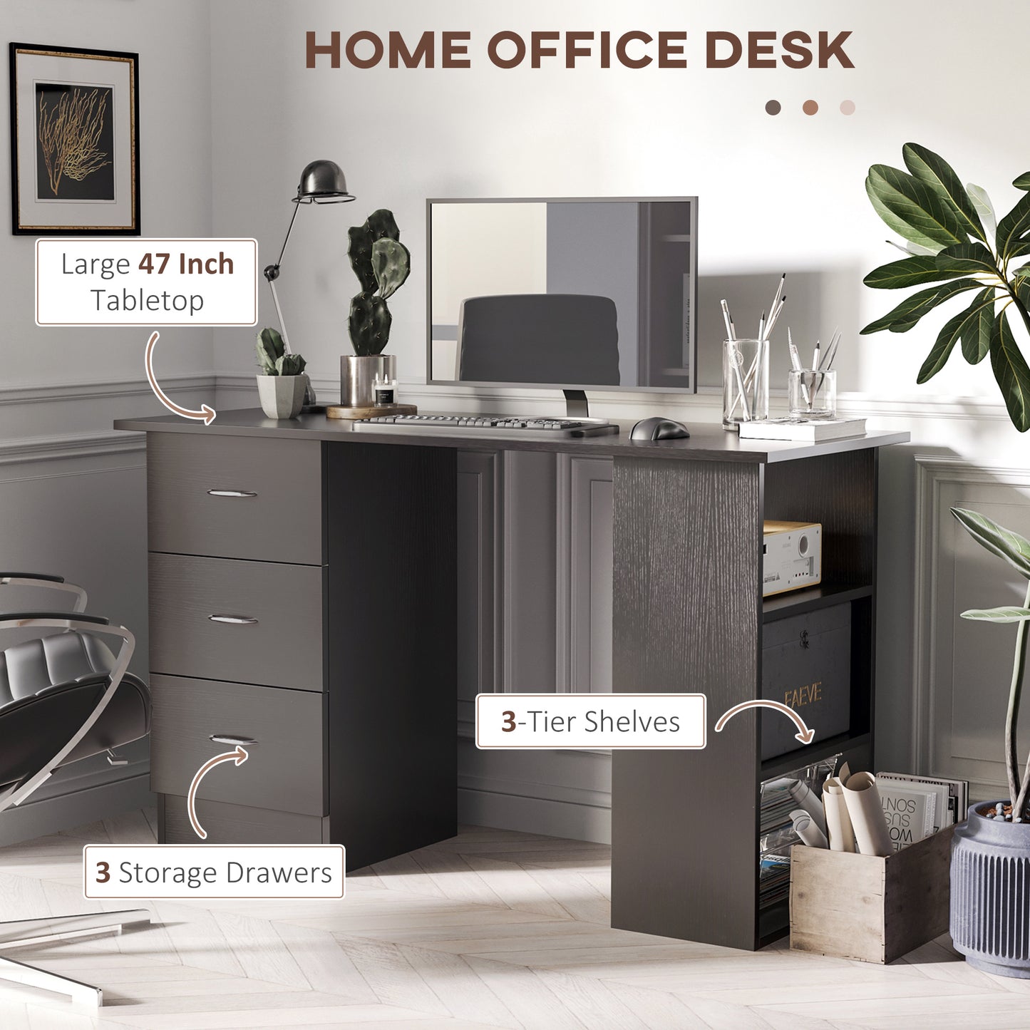 Computer Desk, 47" Writing Table with 3-Tier Shelves and 3 Reversible Drawers for Home Office, Bedroom, Black