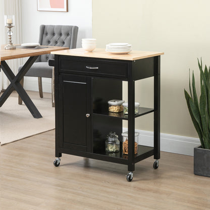 Rolling Kitchen Cart with Wood Top and Drawer - Black