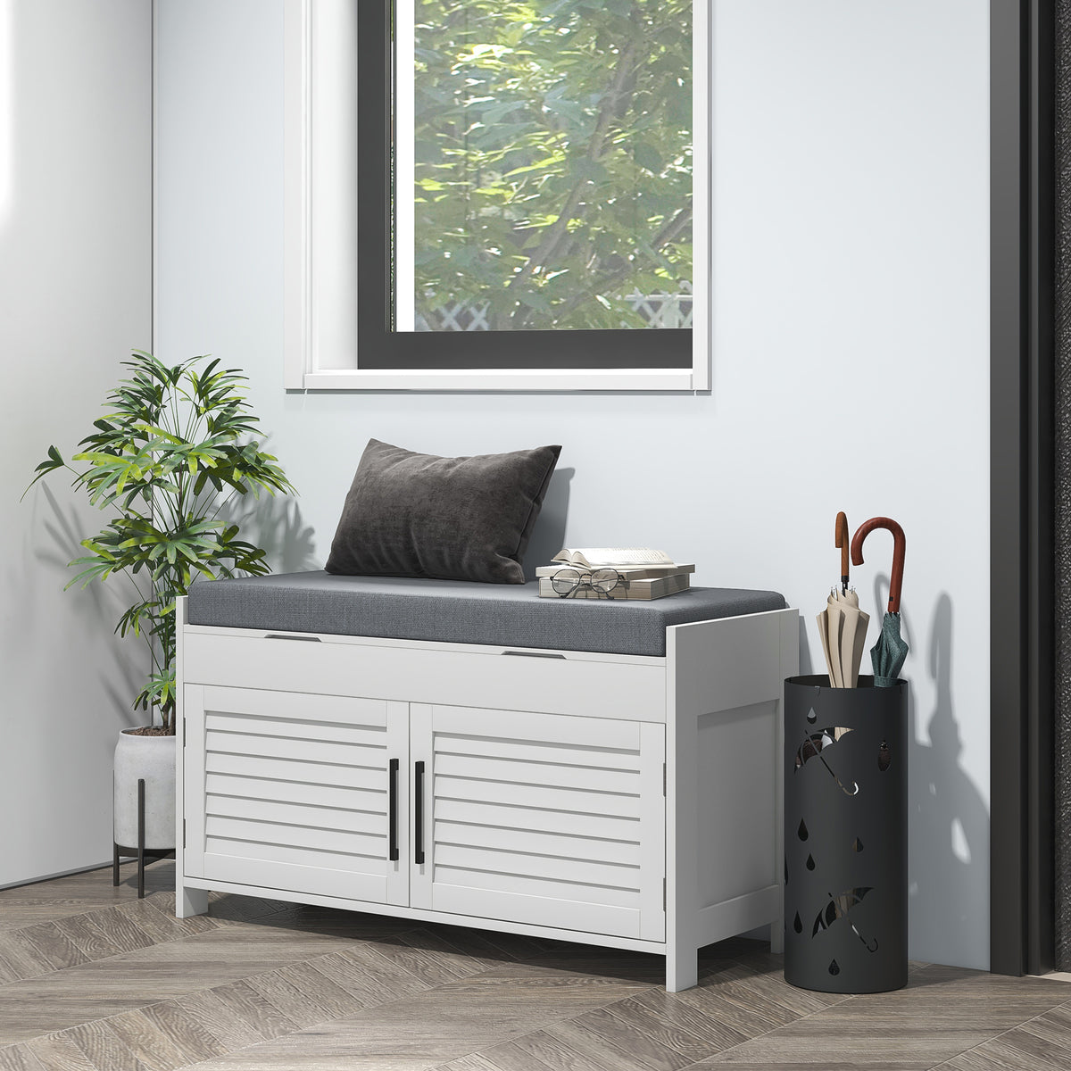 Entryway Bench with Cushion, Hidden Storage, Adjustable Shelves and Shutter Doors, 35.4" Shoe Bench, White