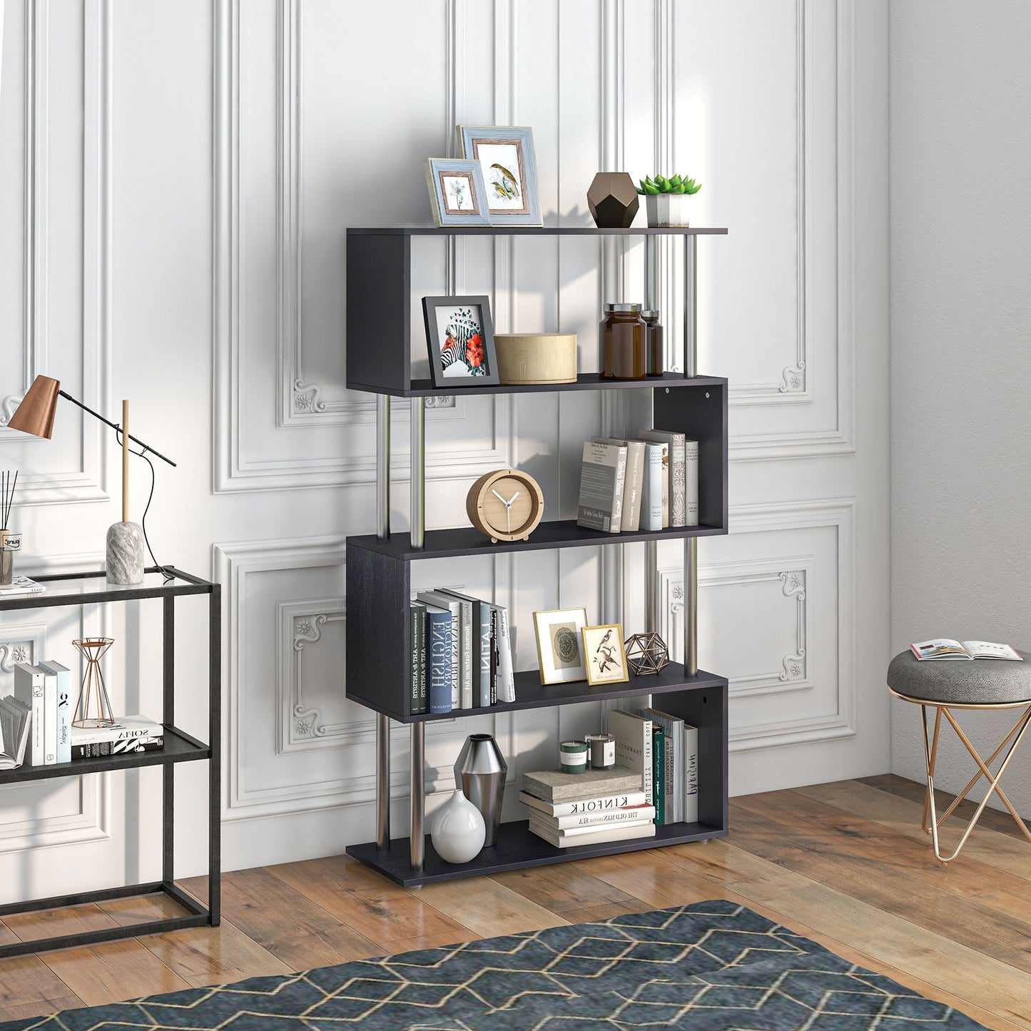 5-Tiers Geometric Wooden Bookcase S-Shaped Storage Bookshelf Display with Metal Frame for Living Room, Bedroom, Home Office, Black