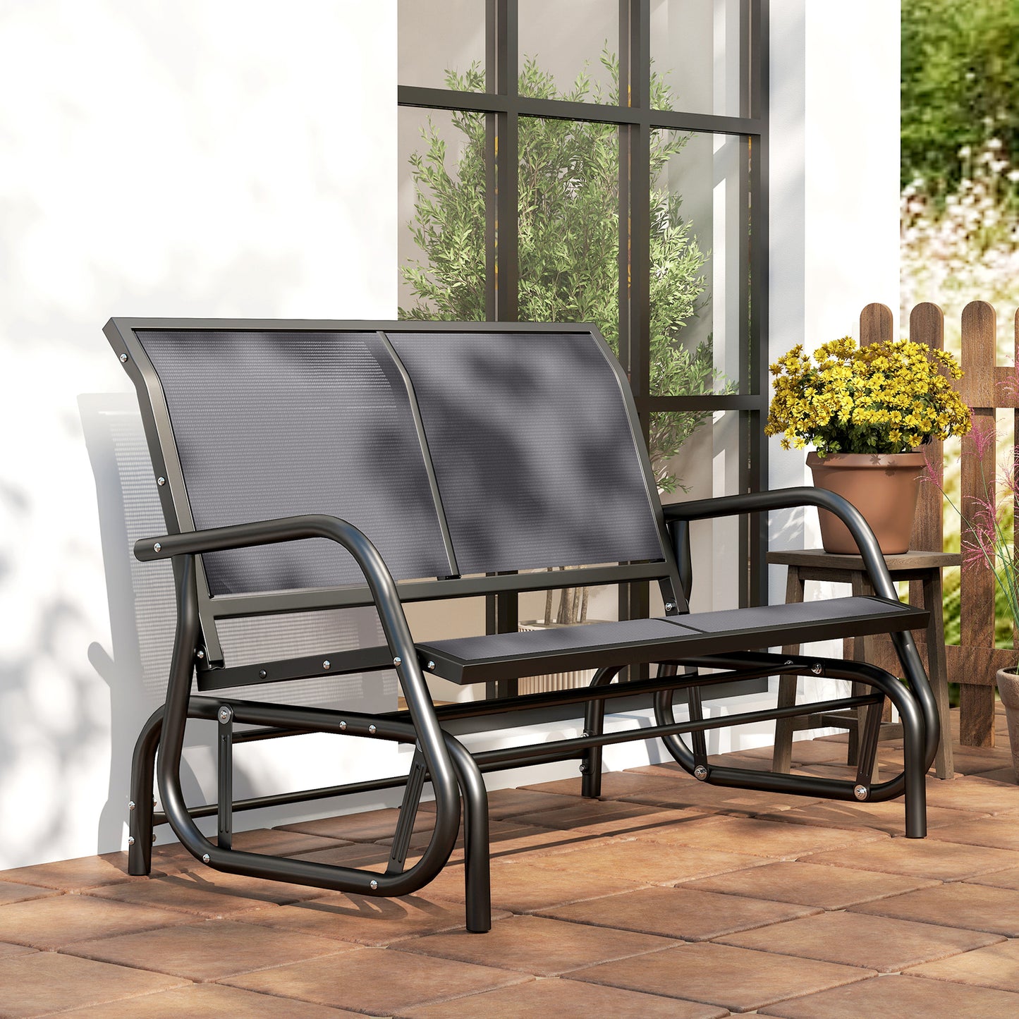 Patio Double Glider Outdoor Steel Sling Fabric Gliding Bench Garden Swing Chair Heavy-Duty Porch Rocker Garden Loveseat Grey